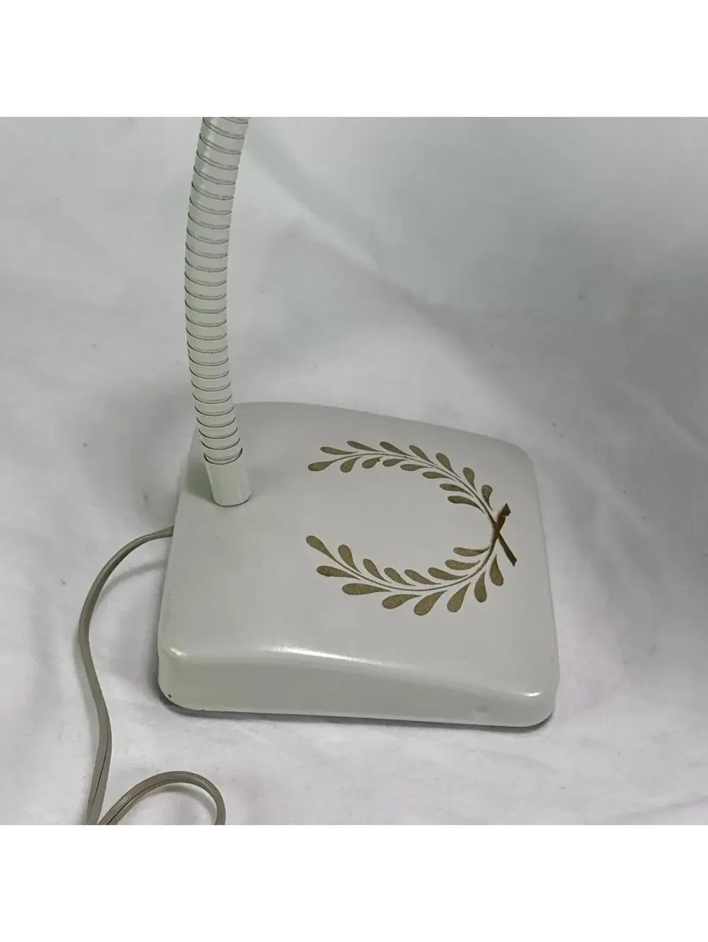 Mid Century 1950's Decorated White French Tole Gooseneck Lamp Ornate Deco Works